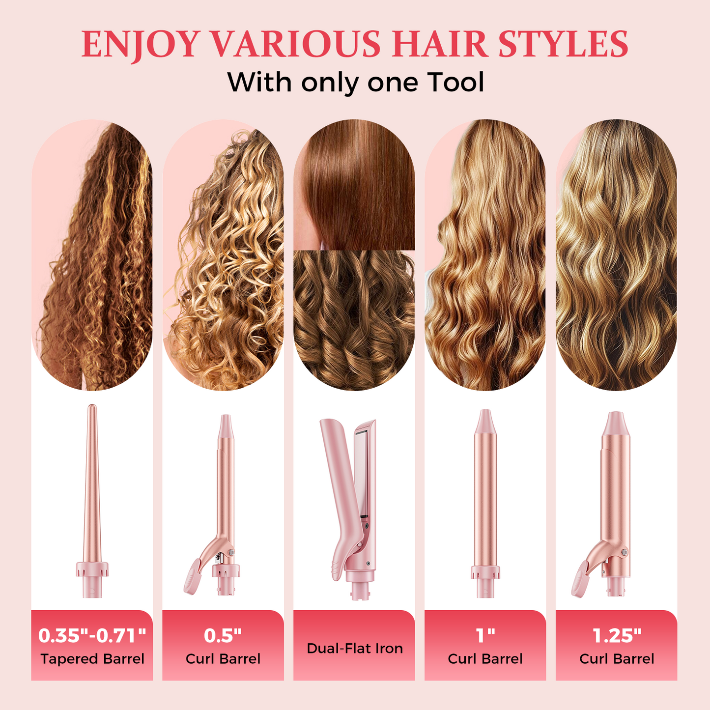 Goolioo 5 in 1 Curling Iron Set, Curling Wand set with Flat Iron Hair Straightener, Dual Voltage Hair Curler,Pink