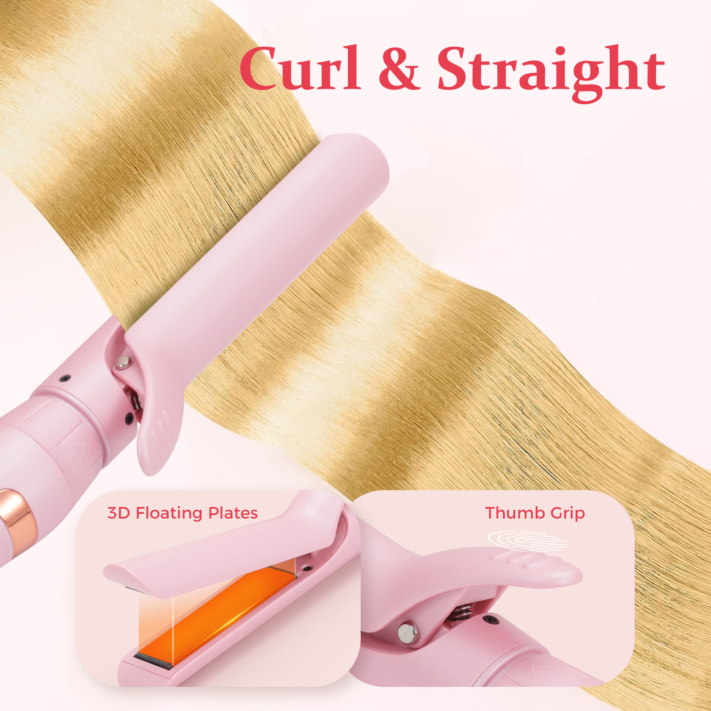 Goolioo 5 in 1 Curling Iron Set, Curling Wand set with Flat Iron Hair Straightener, Dual Voltage Hair Curler,Pink