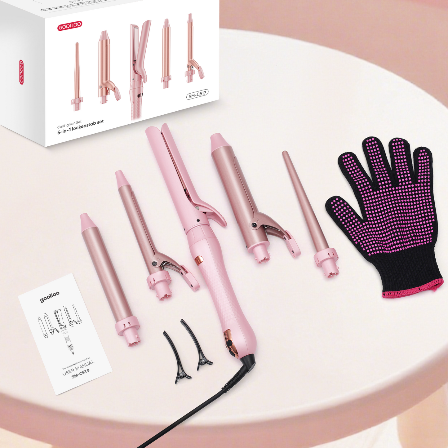 Goolioo 5 in 1 Curling Iron Set, Curling Wand set with Flat Iron Hair Straightener, Dual Voltage Hair Curler,Pink