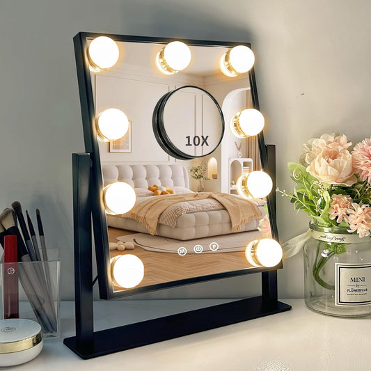 Goolioo Vanity Mirror with Lights, Hollywood Lighted Vanity Makeup Mirror, Detachable 10x Magnification 360°Ratation, Black